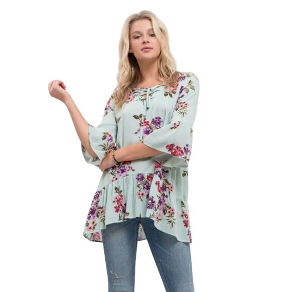 Blu Pepper Floral Tunic‎ Top W/ Lace-Up Neckline & Ruffle Hem Light Blue Large - Picture 2 of 9